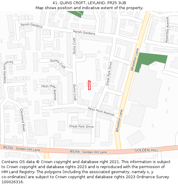 41, QUINS CROFT, LEYLAND, PR25 3UB: Location map and indicative extent of plot