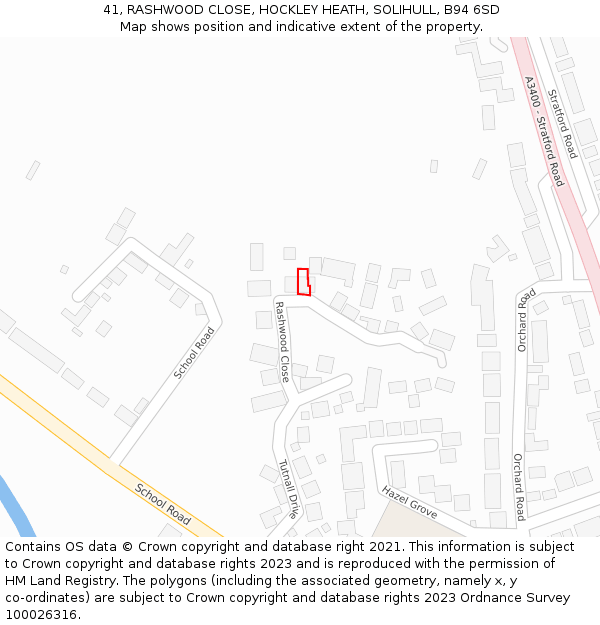 41, RASHWOOD CLOSE, HOCKLEY HEATH, SOLIHULL, B94 6SD: Location map and indicative extent of plot