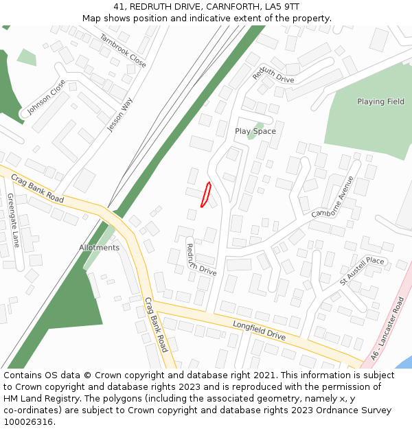 41, REDRUTH DRIVE, CARNFORTH, LA5 9TT: Location map and indicative extent of plot