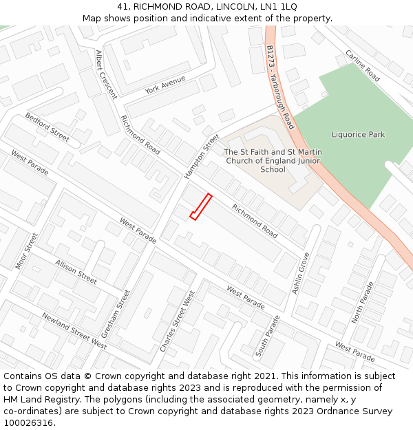 41, RICHMOND ROAD, LINCOLN, LN1 1LQ: Location map and indicative extent of plot