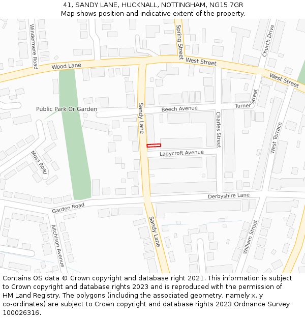 41, SANDY LANE, HUCKNALL, NOTTINGHAM, NG15 7GR: Location map and indicative extent of plot