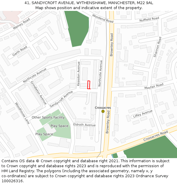 41, SANDYCROFT AVENUE, WYTHENSHAWE, MANCHESTER, M22 9AL: Location map and indicative extent of plot