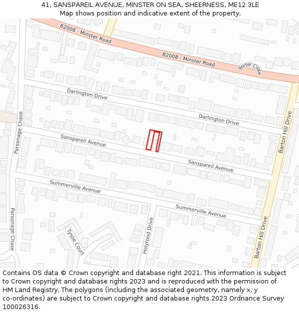 41, SANSPAREIL AVENUE, MINSTER ON SEA, SHEERNESS, ME12 3LE: Location map and indicative extent of plot