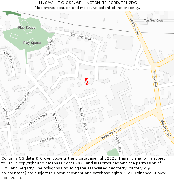 41, SAVILLE CLOSE, WELLINGTON, TELFORD, TF1 2DG: Location map and indicative extent of plot