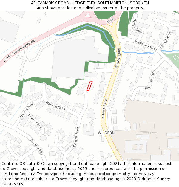 41, TAMARISK ROAD, HEDGE END, SOUTHAMPTON, SO30 4TN: Location map and indicative extent of plot