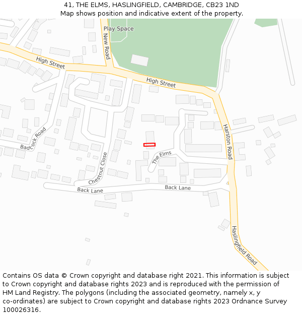 41, THE ELMS, HASLINGFIELD, CAMBRIDGE, CB23 1ND: Location map and indicative extent of plot