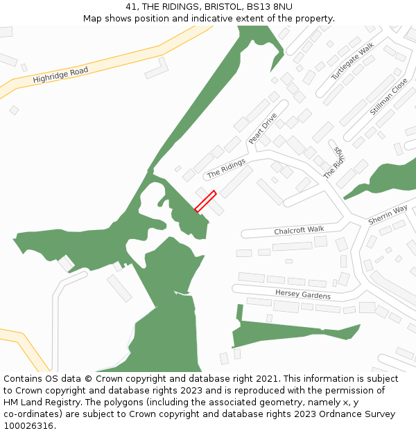 41, THE RIDINGS, BRISTOL, BS13 8NU: Location map and indicative extent of plot
