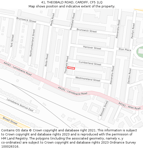 41, THEOBALD ROAD, CARDIFF, CF5 1LQ: Location map and indicative extent of plot