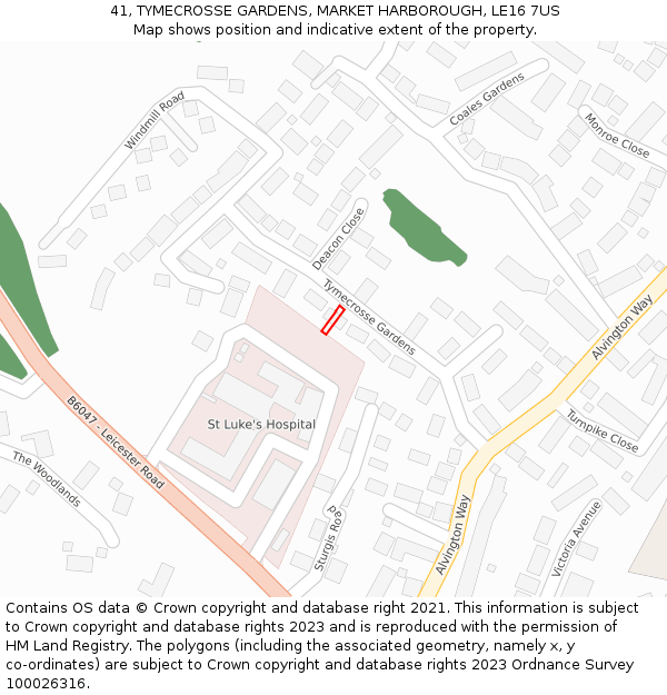 41, TYMECROSSE GARDENS, MARKET HARBOROUGH, LE16 7US: Location map and indicative extent of plot