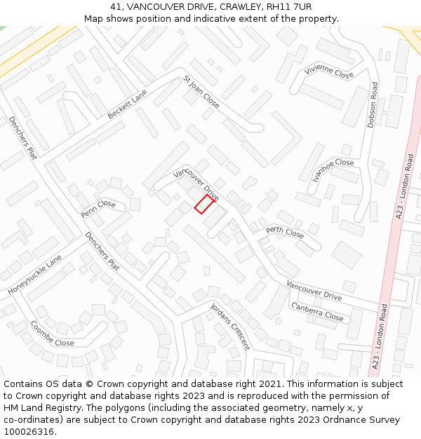 41, VANCOUVER DRIVE, CRAWLEY, RH11 7UR: Location map and indicative extent of plot
