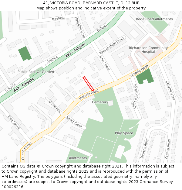 41, VICTORIA ROAD, BARNARD CASTLE, DL12 8HR: Location map and indicative extent of plot