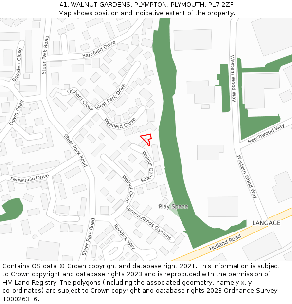 41, WALNUT GARDENS, PLYMPTON, PLYMOUTH, PL7 2ZF: Location map and indicative extent of plot