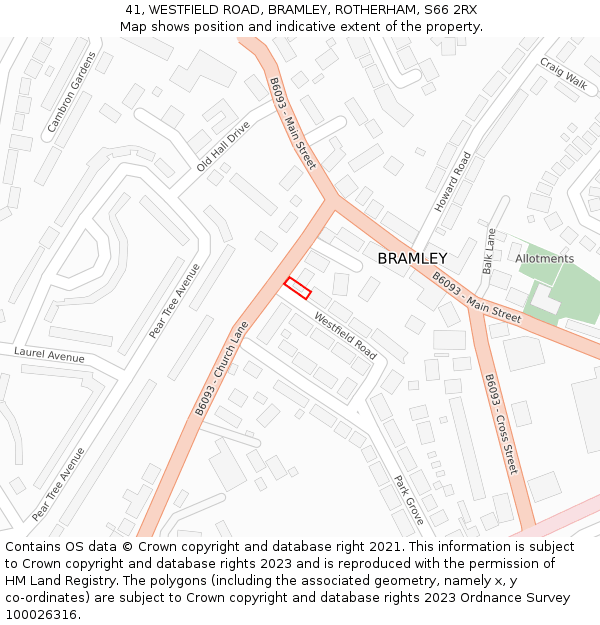 41, WESTFIELD ROAD, BRAMLEY, ROTHERHAM, S66 2RX: Location map and indicative extent of plot