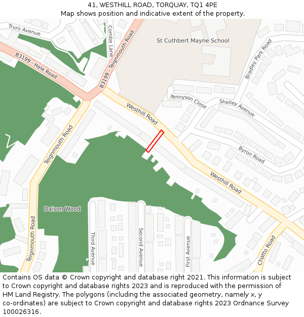 41, WESTHILL ROAD, TORQUAY, TQ1 4PE: Location map and indicative extent of plot