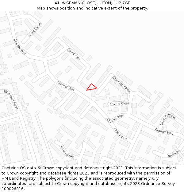 41, WISEMAN CLOSE, LUTON, LU2 7GE: Location map and indicative extent of plot