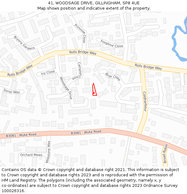 41, WOODSAGE DRIVE, GILLINGHAM, SP8 4UE: Location map and indicative extent of plot