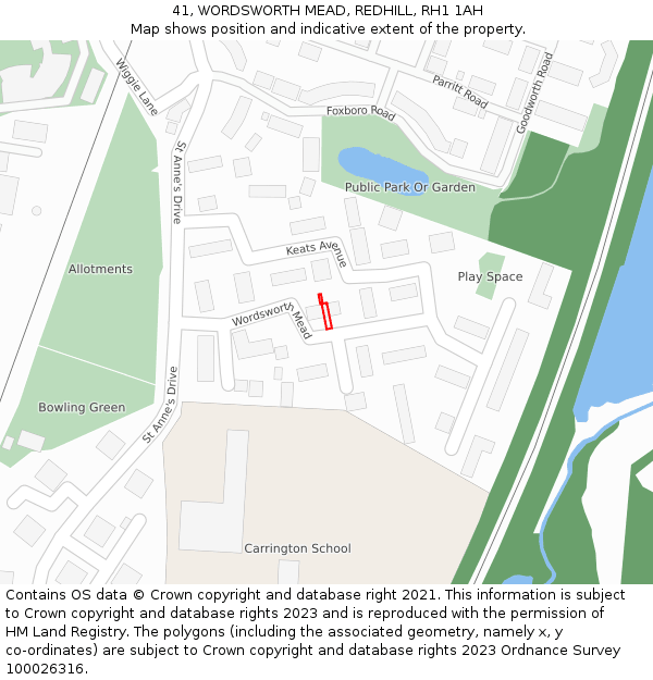 41, WORDSWORTH MEAD, REDHILL, RH1 1AH: Location map and indicative extent of plot