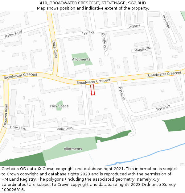 410, BROADWATER CRESCENT, STEVENAGE, SG2 8HB: Location map and indicative extent of plot