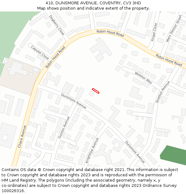 410, DUNSMORE AVENUE, COVENTRY, CV3 3HD: Location map and indicative extent of plot