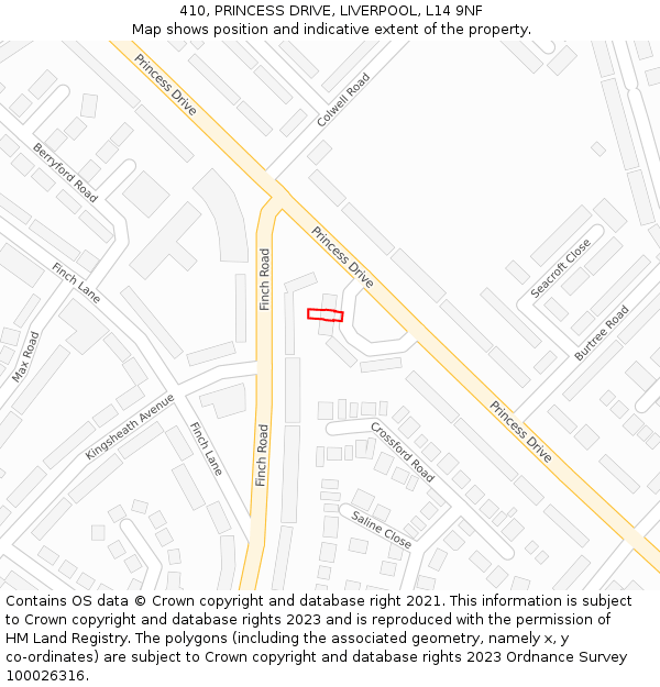 410, PRINCESS DRIVE, LIVERPOOL, L14 9NF: Location map and indicative extent of plot