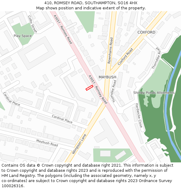 410, ROMSEY ROAD, SOUTHAMPTON, SO16 4HX: Location map and indicative extent of plot