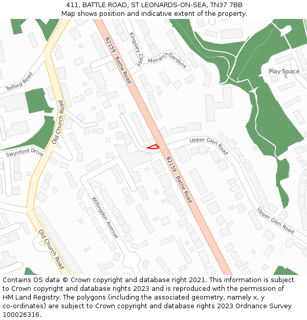 411, BATTLE ROAD, ST LEONARDS-ON-SEA, TN37 7BB: Location map and indicative extent of plot