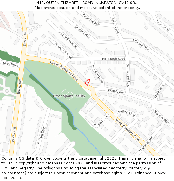 411, QUEEN ELIZABETH ROAD, NUNEATON, CV10 9BU: Location map and indicative extent of plot