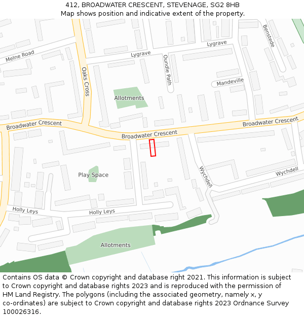 412, BROADWATER CRESCENT, STEVENAGE, SG2 8HB: Location map and indicative extent of plot