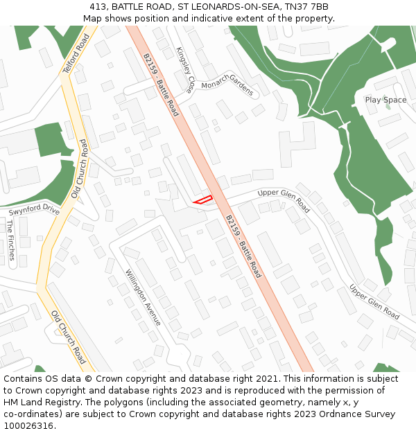 413, BATTLE ROAD, ST LEONARDS-ON-SEA, TN37 7BB: Location map and indicative extent of plot