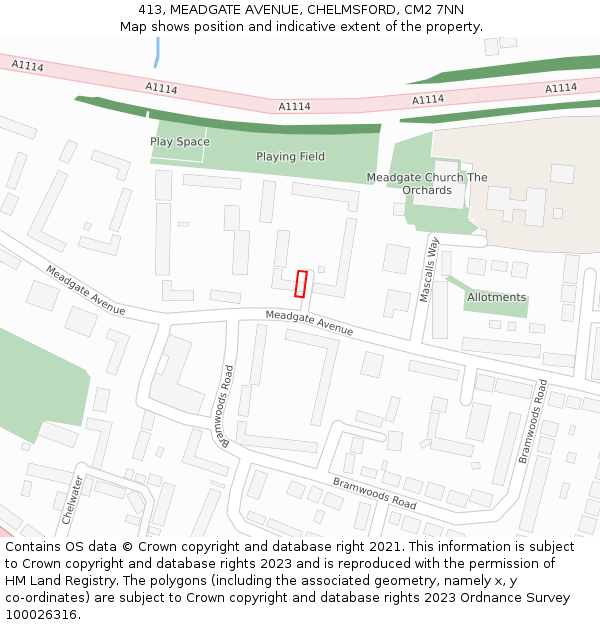 413, MEADGATE AVENUE, CHELMSFORD, CM2 7NN: Location map and indicative extent of plot