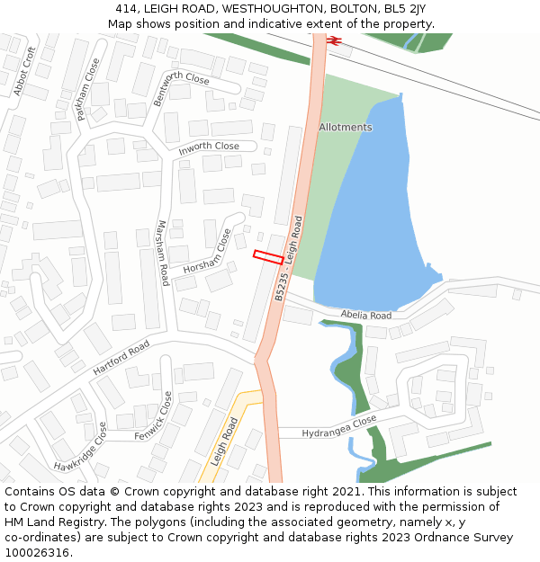 414, LEIGH ROAD, WESTHOUGHTON, BOLTON, BL5 2JY: Location map and indicative extent of plot