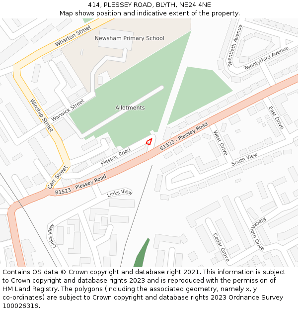 414, PLESSEY ROAD, BLYTH, NE24 4NE: Location map and indicative extent of plot