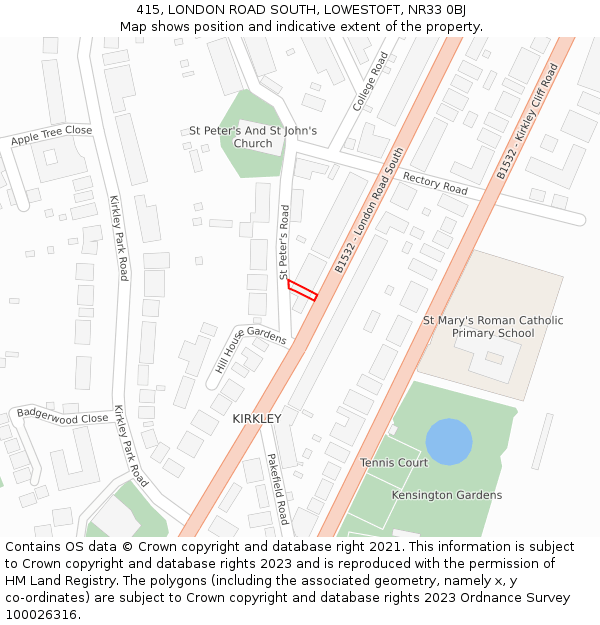 415, LONDON ROAD SOUTH, LOWESTOFT, NR33 0BJ: Location map and indicative extent of plot