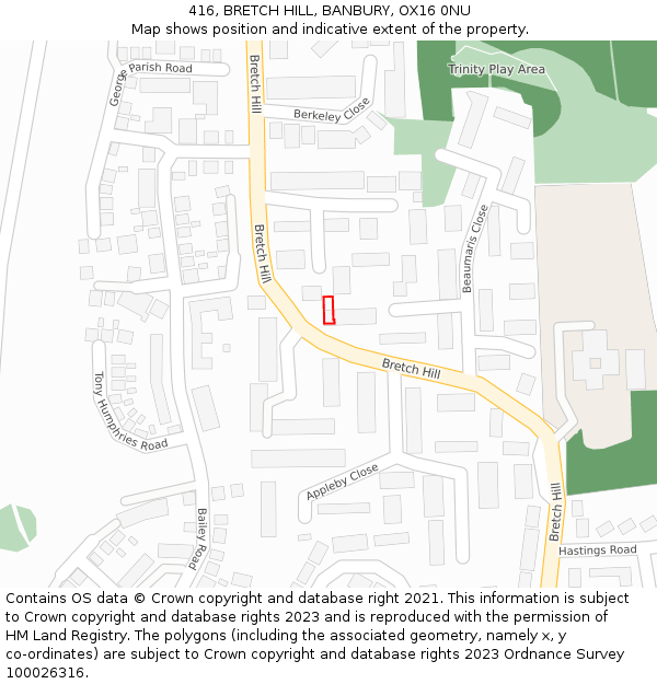 416, BRETCH HILL, BANBURY, OX16 0NU: Location map and indicative extent of plot