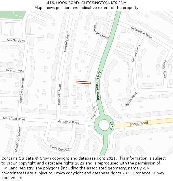 416, HOOK ROAD, CHESSINGTON, KT9 1NA: Location map and indicative extent of plot