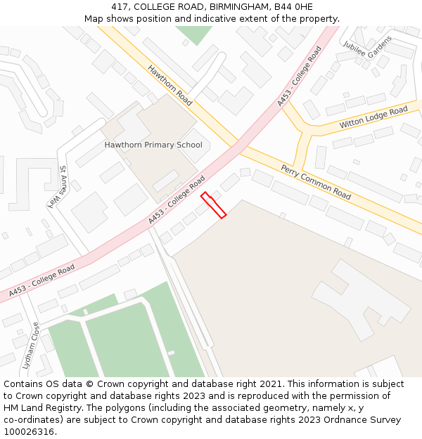 417, COLLEGE ROAD, BIRMINGHAM, B44 0HE: Location map and indicative extent of plot
