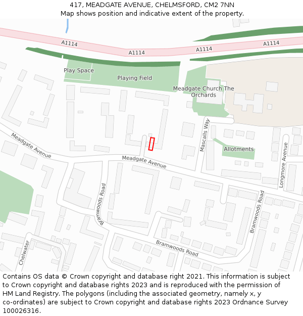 417, MEADGATE AVENUE, CHELMSFORD, CM2 7NN: Location map and indicative extent of plot