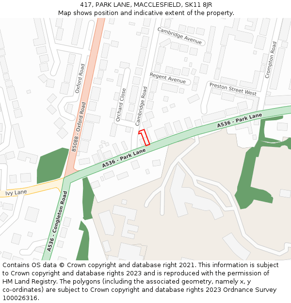 417, PARK LANE, MACCLESFIELD, SK11 8JR: Location map and indicative extent of plot