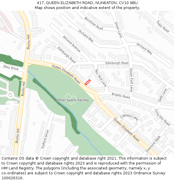 417, QUEEN ELIZABETH ROAD, NUNEATON, CV10 9BU: Location map and indicative extent of plot