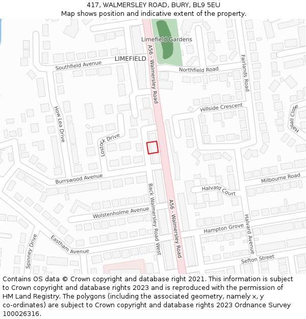 417, WALMERSLEY ROAD, BURY, BL9 5EU: Location map and indicative extent of plot