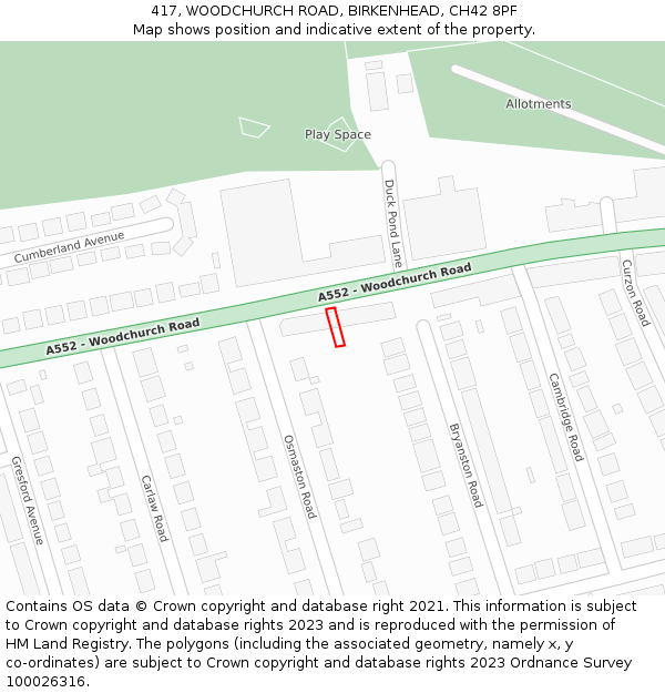 417, WOODCHURCH ROAD, BIRKENHEAD, CH42 8PF: Location map and indicative extent of plot