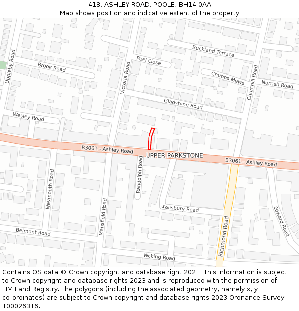 418, ASHLEY ROAD, POOLE, BH14 0AA: Location map and indicative extent of plot