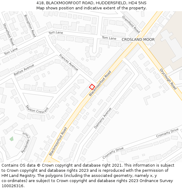 418, BLACKMOORFOOT ROAD, HUDDERSFIELD, HD4 5NS: Location map and indicative extent of plot