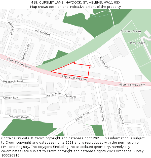418, CLIPSLEY LANE, HAYDOCK, ST. HELENS, WA11 0SX: Location map and indicative extent of plot