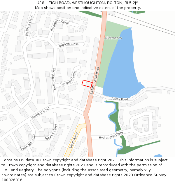 418, LEIGH ROAD, WESTHOUGHTON, BOLTON, BL5 2JY: Location map and indicative extent of plot