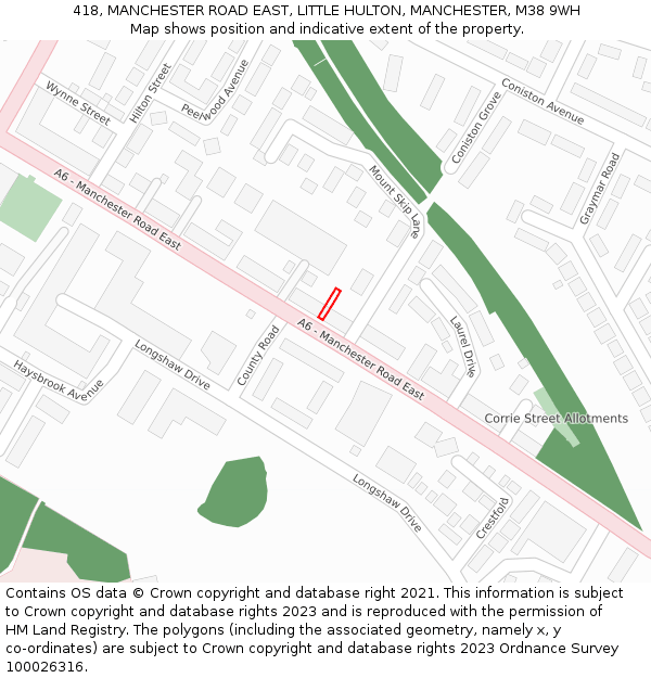 418, MANCHESTER ROAD EAST, LITTLE HULTON, MANCHESTER, M38 9WH: Location map and indicative extent of plot