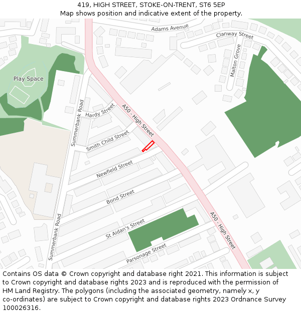 419, HIGH STREET, STOKE-ON-TRENT, ST6 5EP: Location map and indicative extent of plot