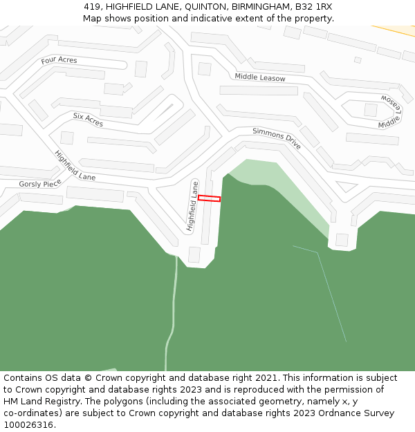 419, HIGHFIELD LANE, QUINTON, BIRMINGHAM, B32 1RX: Location map and indicative extent of plot