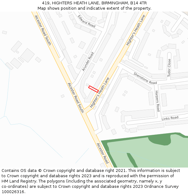 419, HIGHTERS HEATH LANE, BIRMINGHAM, B14 4TR: Location map and indicative extent of plot