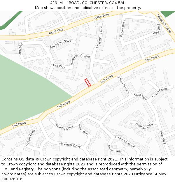 419, MILL ROAD, COLCHESTER, CO4 5AL: Location map and indicative extent of plot
